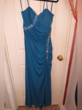 Hailey Logan Teal Beaded Ruched Spaghetti-Strap Gown
